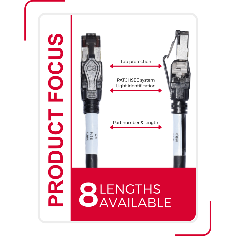 PATCHSEE CAT8: latch protection, optical fiber identification and part number and length markings